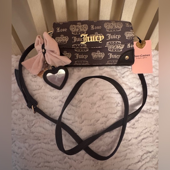 Juicy Couture Accessories - Juicy Couture Brown Logo Crossbody with Pink Bow and Heart Charm